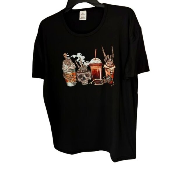 Discontinued Print Fall Halloween Stylish Skull Print Coffee Bar T-Shirt Plus 2X - Picture 1 of 5